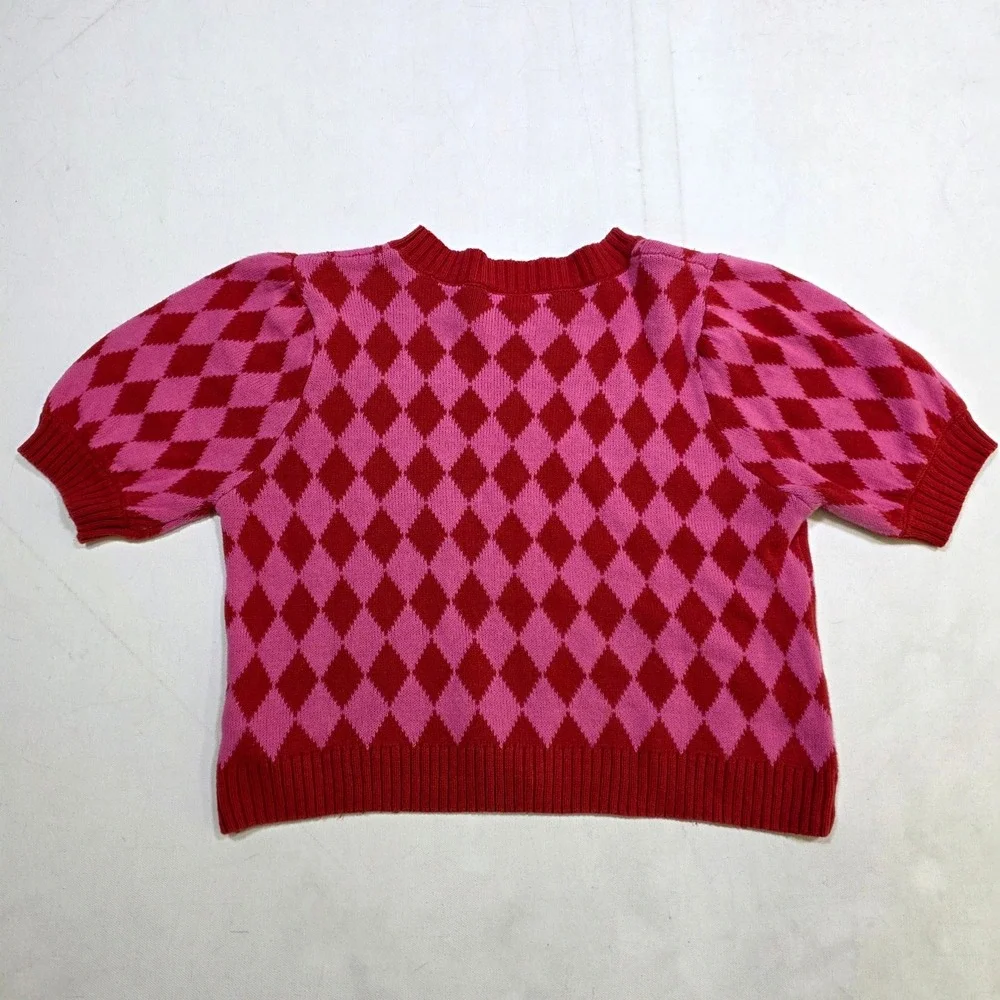 Forever 21 Sweater Womens Large Pink Red Argyle Short Sleeve Crop Knit Top 8000